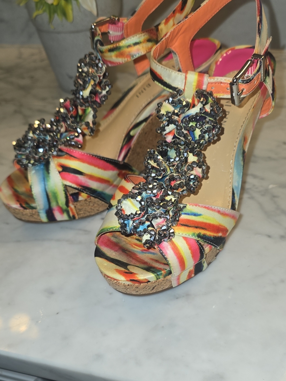 Gianni Bini Multicolor Crystal-Embellished Wedge Sandals